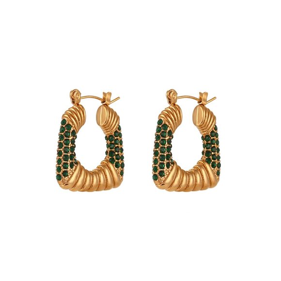 Green Zircon Chunky Square PVD 18K Gold Hoop Earrings Stainless Steel - Picture 8 of 8